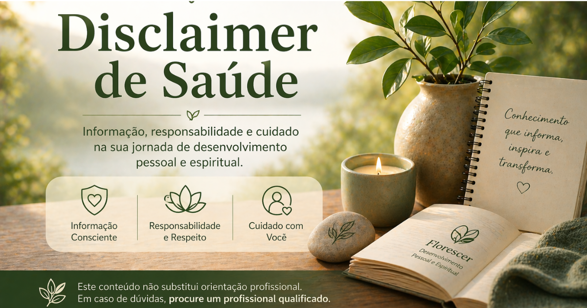 Disclaimer de saúde do Florescer com ambiente calmo representando bem-estar e responsabilidade no desenvolvimento pessoal