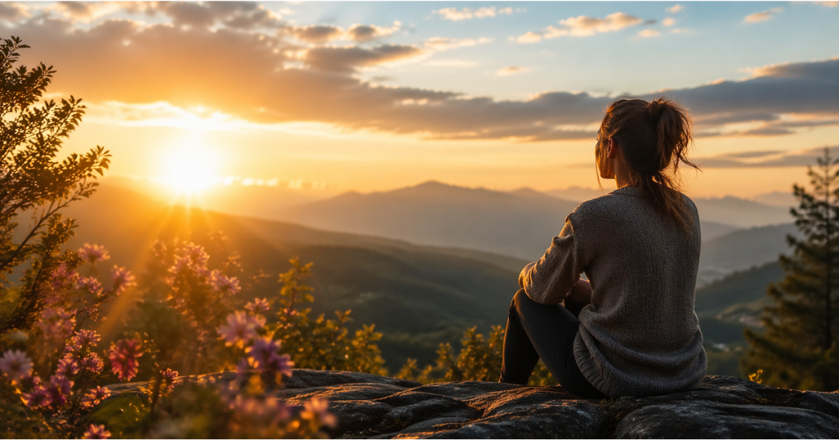 Mulher contemplando o nascer do sol em paisagem natural representando evolução interior e paz espiritual