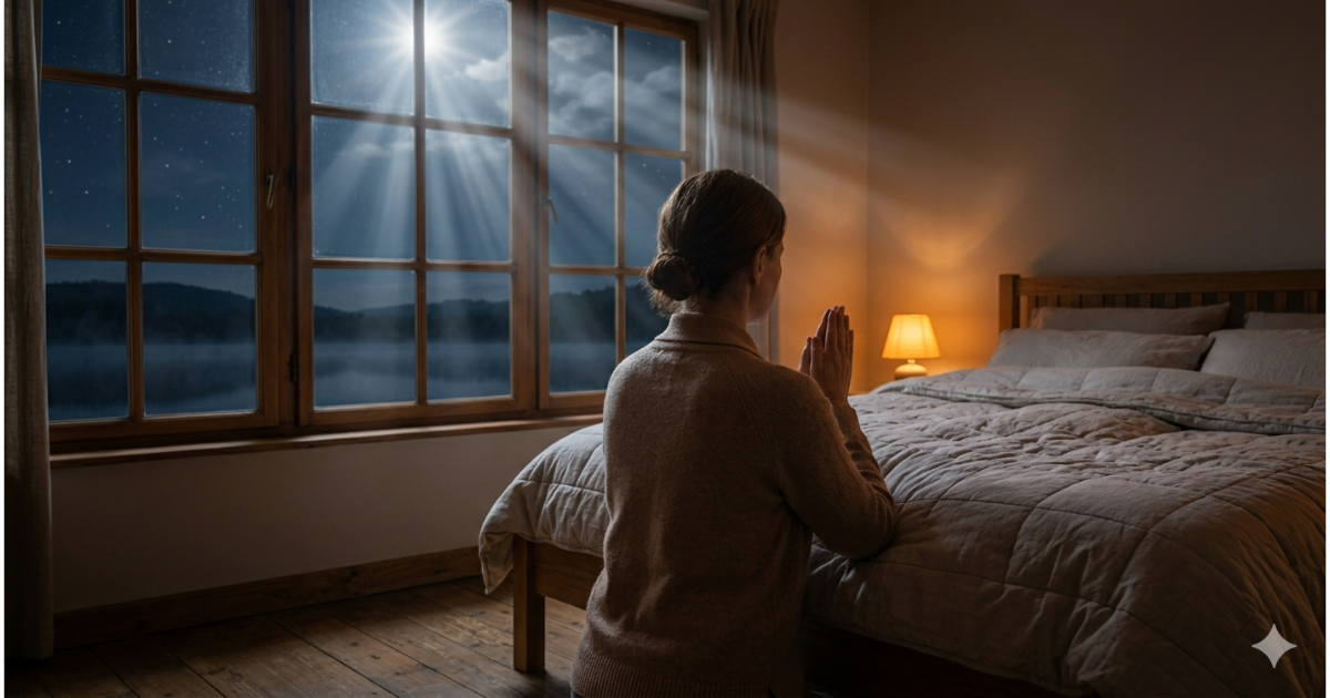 Oração da noite com pessoa rezando antes de dormir em ambiente tranquilo