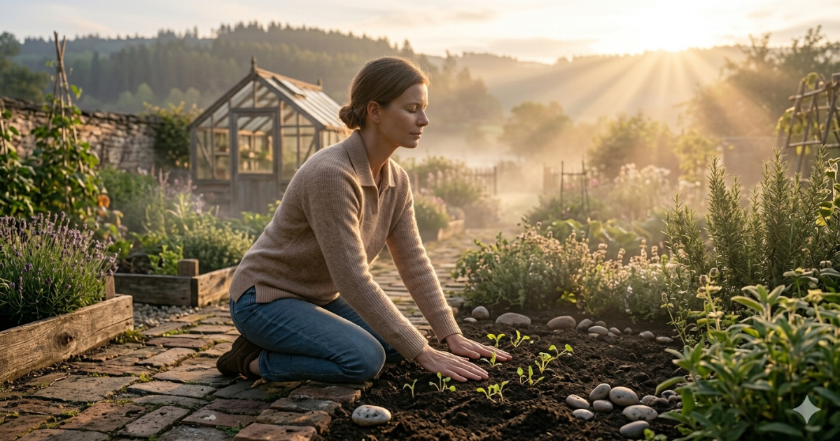 Preparar o solo do coração com imagem simbólica de jardim ao amanhecer