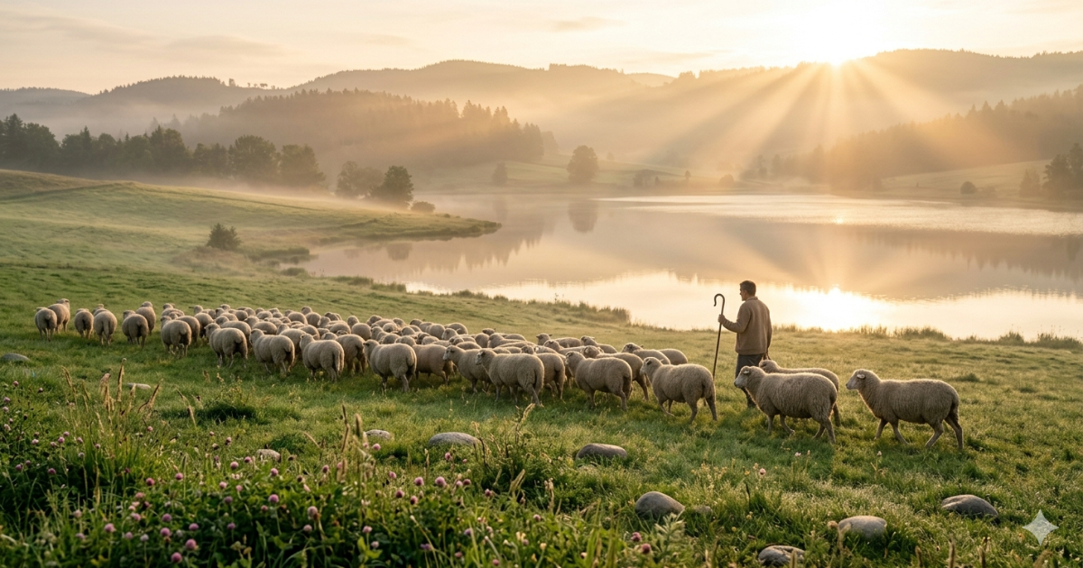 Salmo 23 com pastor guiando ovelhas em paisagem tranquila