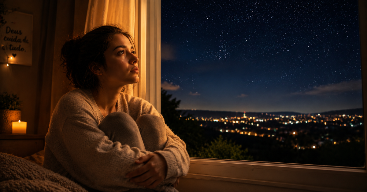 coração cansado buscando paz e esperança em Deus durante a noite