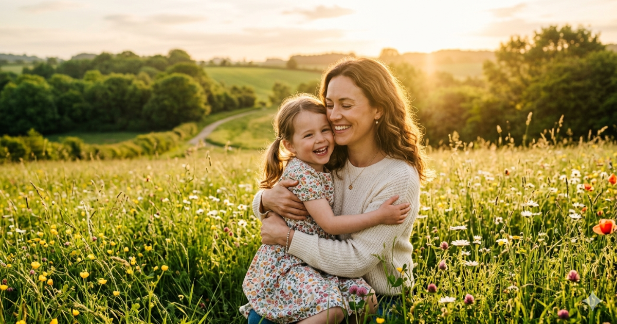 Mãe é abraço de Deus em forma de amor com mulher sorrindo abraçando uma criança na natureza
