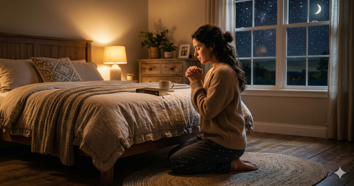 oração antes de dormir com mulher orando durante a noite em busca de paz
