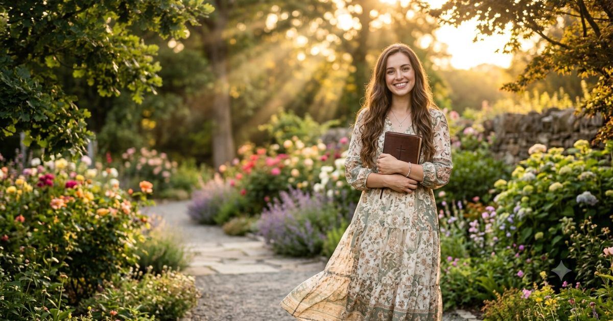 Tempo de Deus: jovem cristã olhando para a câmera em um jardim ao pôr do sol, segurando uma Bíblia e transmitindo esperança e fé.